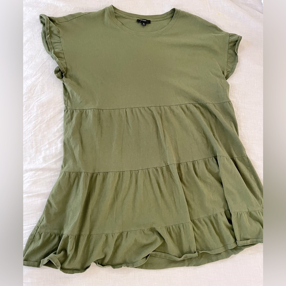 J. Crew women’s 100% cotton ruffle sleeve tiered mini dress, hunter green, XL